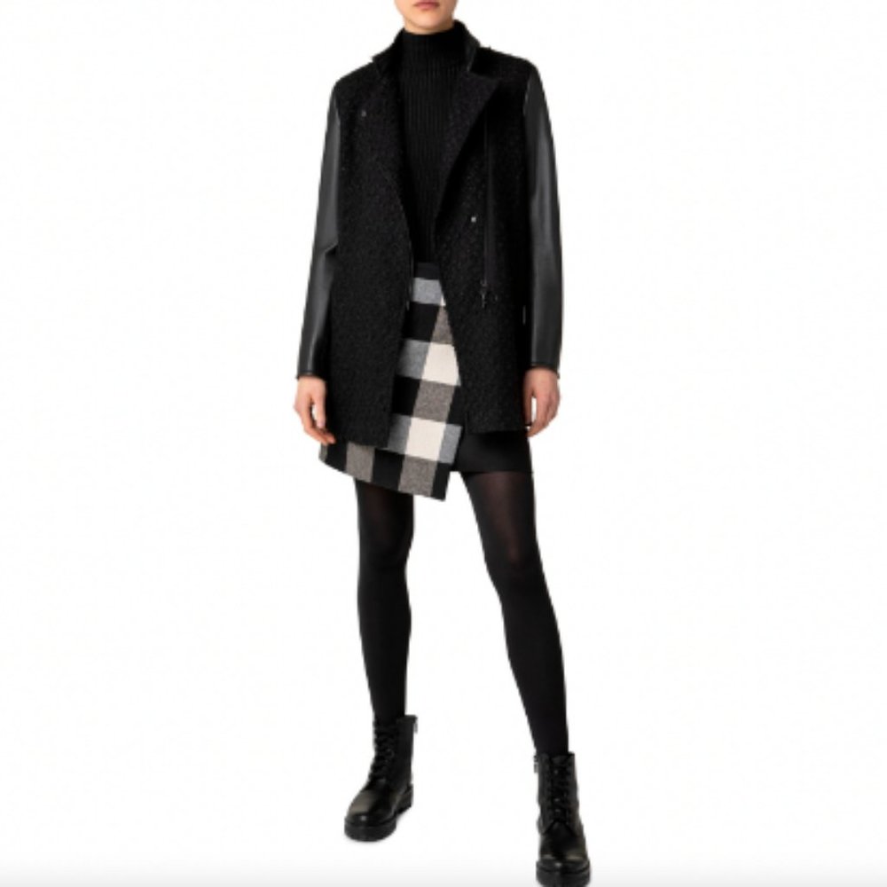 $1590 Akris Black Wool Boucle Moto Jacket size 6/IT 42 Leather Sleeves
